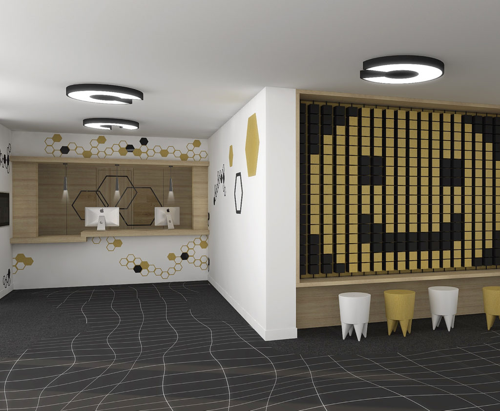 Perspective 3D du hall d'accueil de l'hôtel Ibis Styles de Poitiers Nord