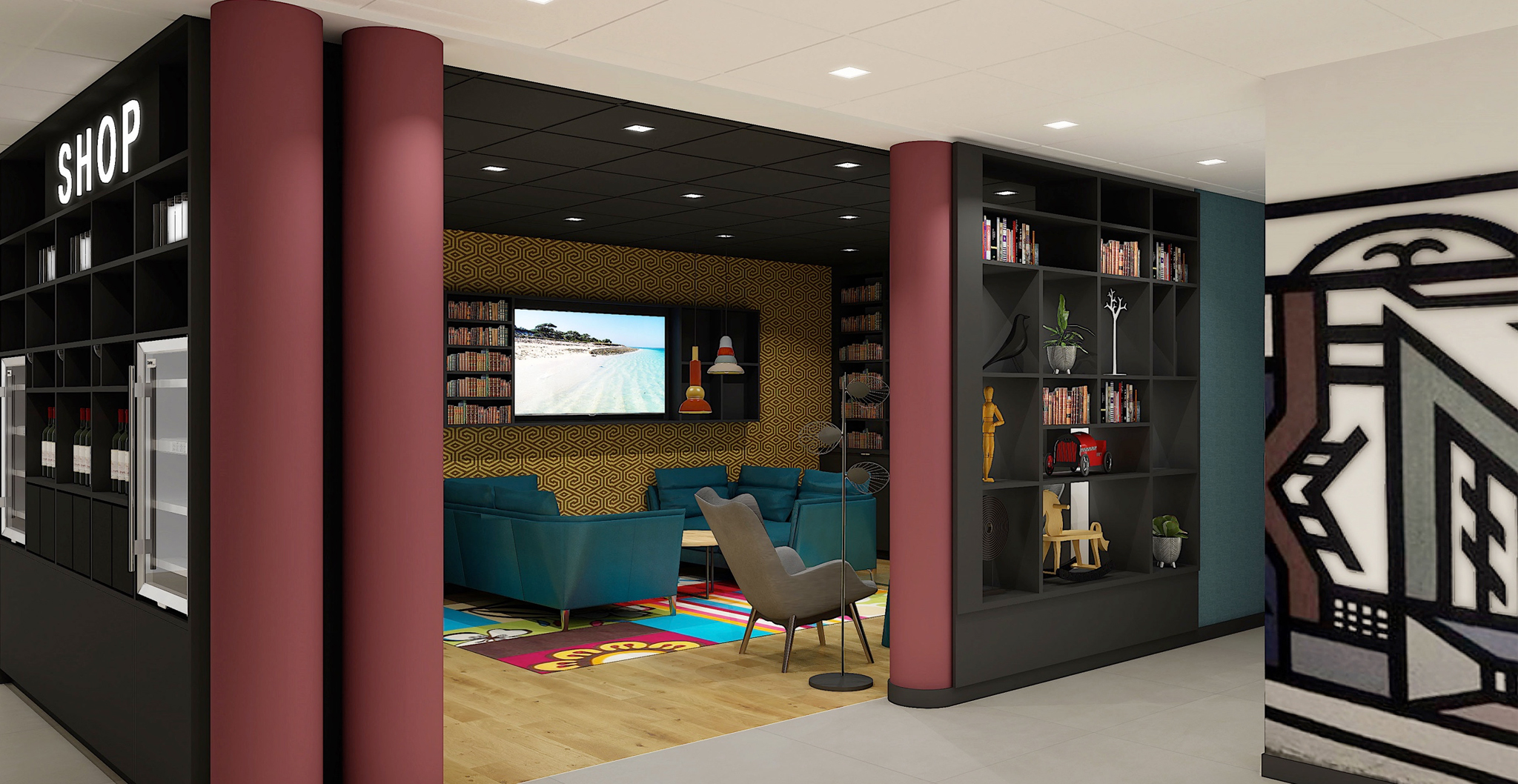 Perspective 3D des services généraux, de l'espace shop et Lounge de l'apparthotel Adagio Mulhouse Bâle