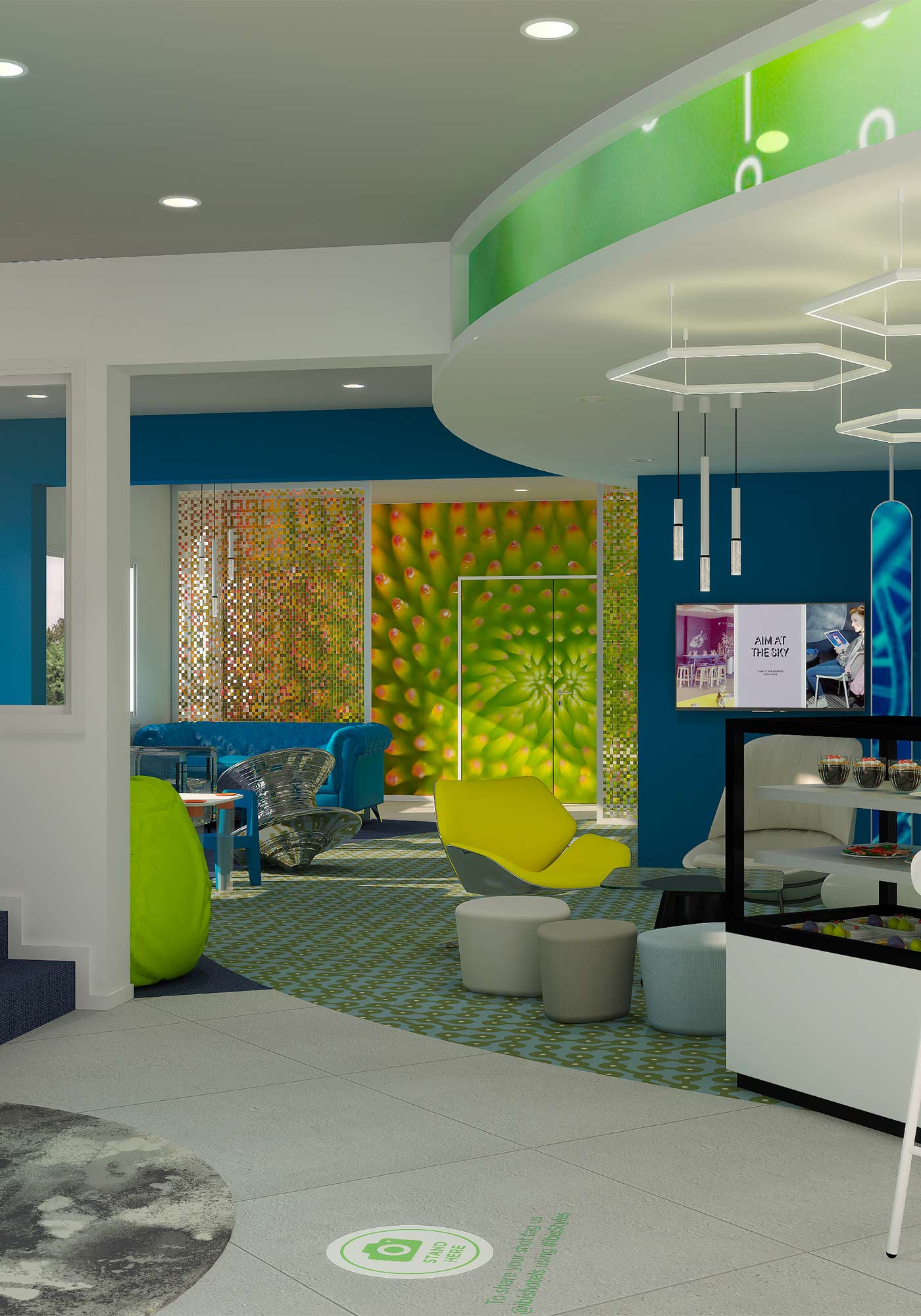 Perspective 3D de l'espace lounge de l'hôtel Ibis Styles de Fougères