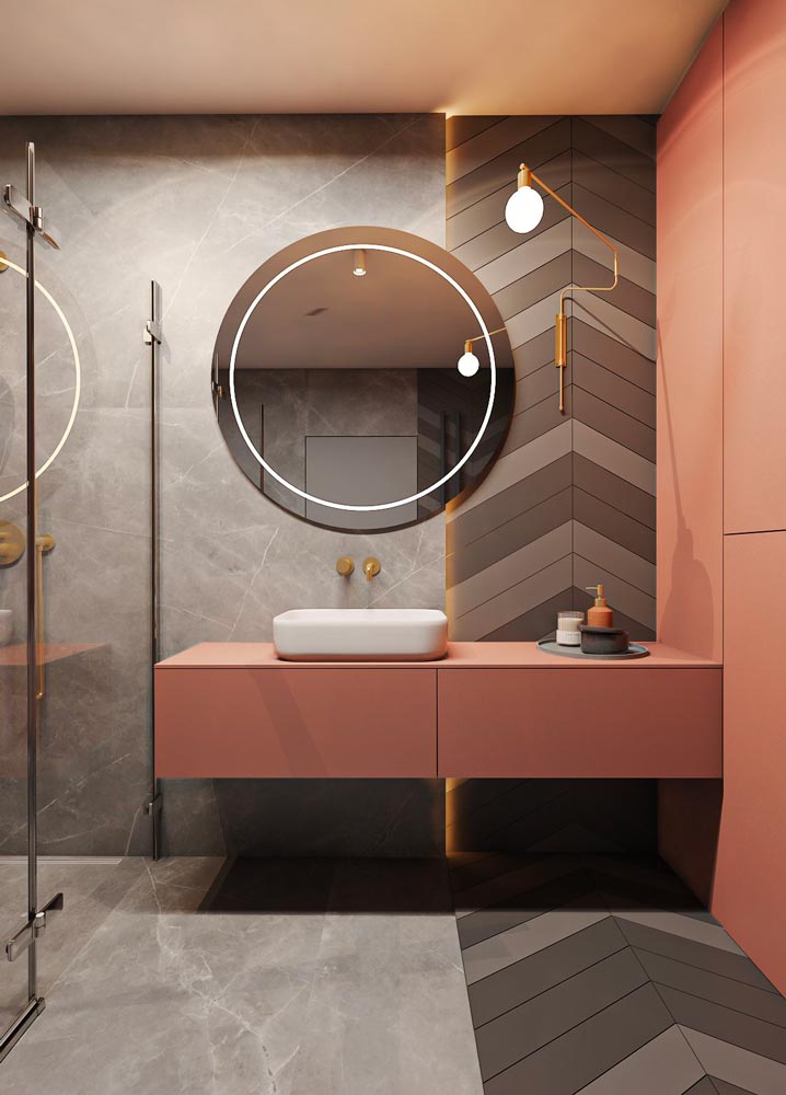 Salle de bain noire avec meuble de salle de bain terracotta