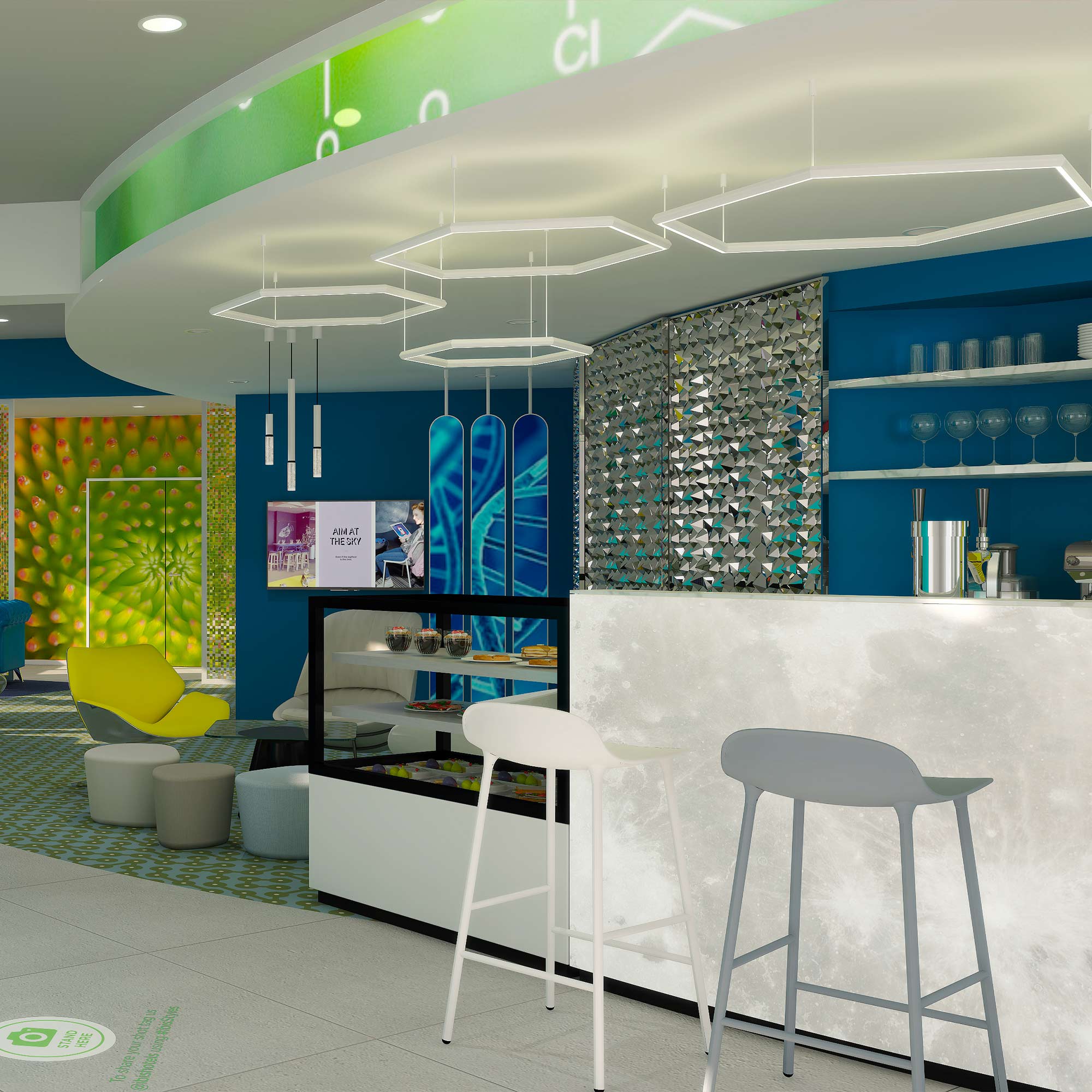 Perspective 3D space planing du bar de l'hôtel Ibis Styles de Fougères