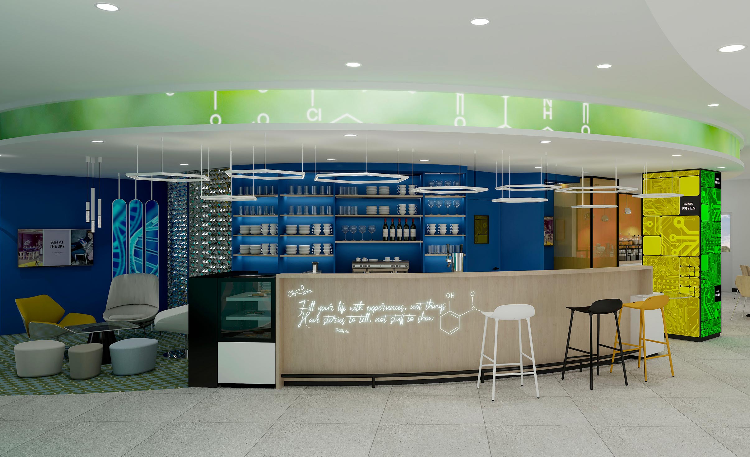 Perspective du bar et des services généraux de l'hôtel Ibis Styles de Fougères