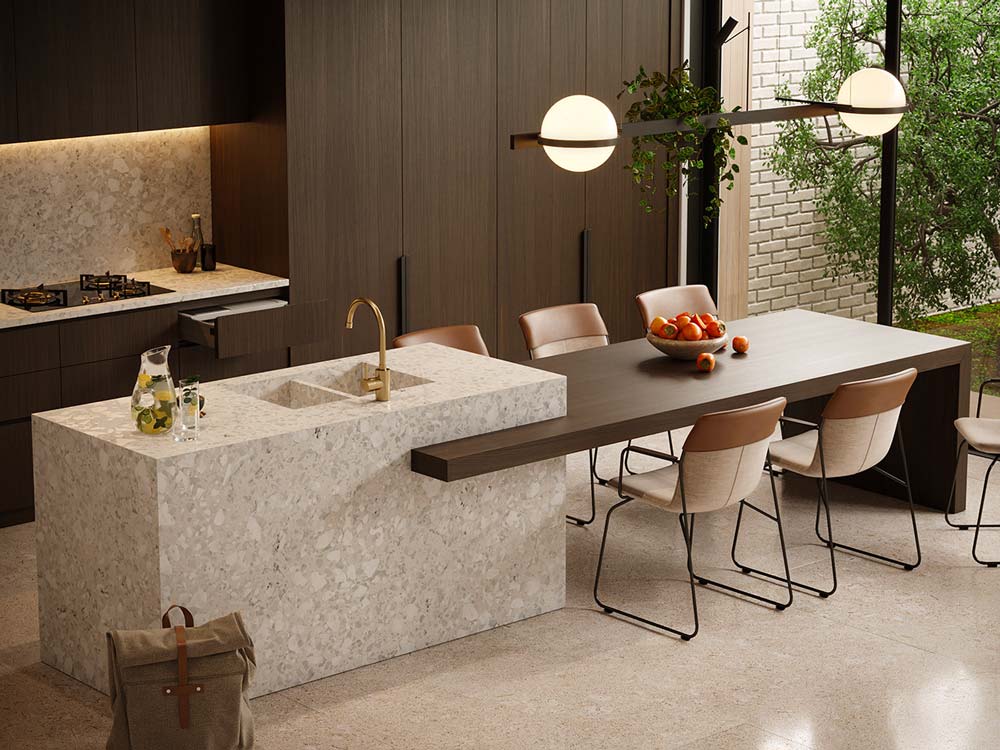 Une cuisine tendance et contemporaine en bois exotique, îlot central en terrazzo monochromatique ultra design