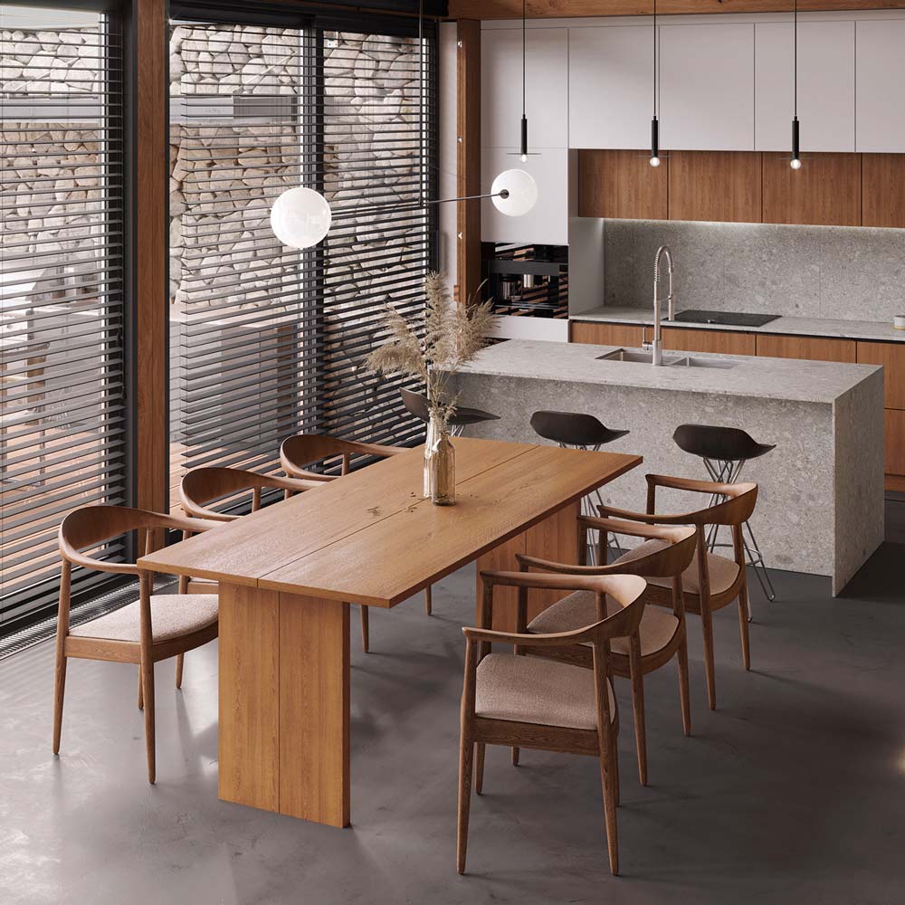 Cuisine scandinave chic en terrazzo, îlot et plan de travail monochromatique gris et mobilier en bois