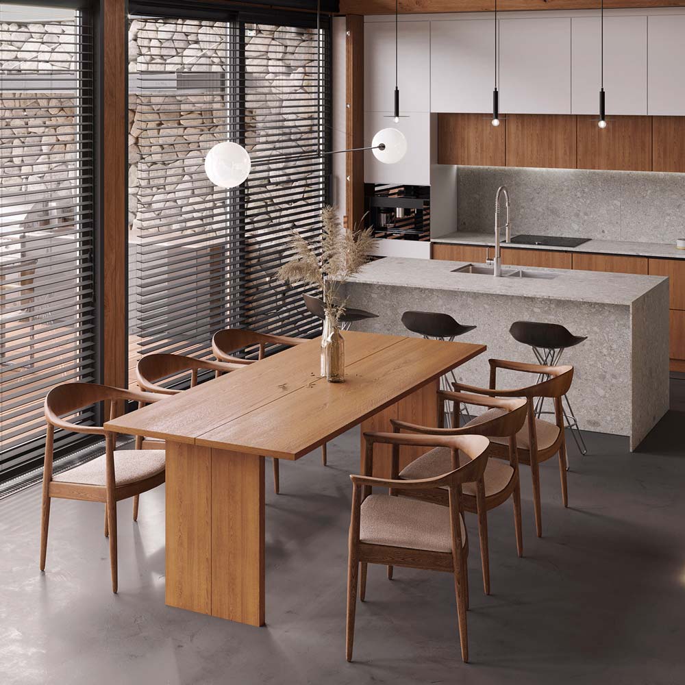 Cuisine scandinave chic en terrazzo, îlot et plan de travail monochromatique gris et mobilier en bois