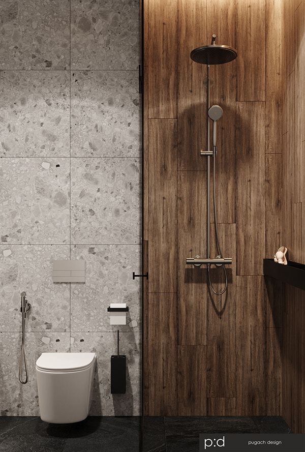 Une salle de douche en terrazzo monochromatique avec un carrelage imitation bois