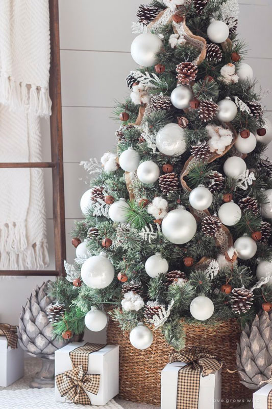 Tendance boréal, le sapin enneigé avec pommes de pin et grosses boules blanches