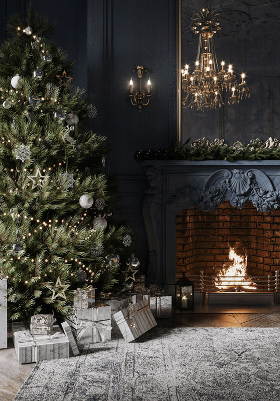 Décoration d'un sapin de Noel minimaliste pour un intérieur baroque, tendance 2020