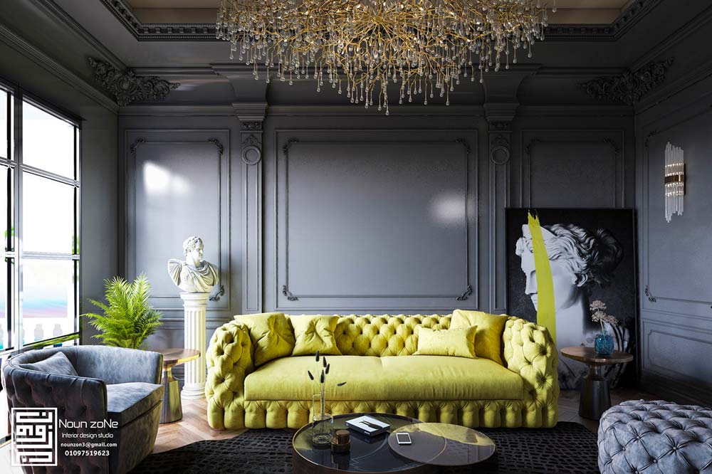 Un salon classique gris avec un canapé capitonné jaune illuminating