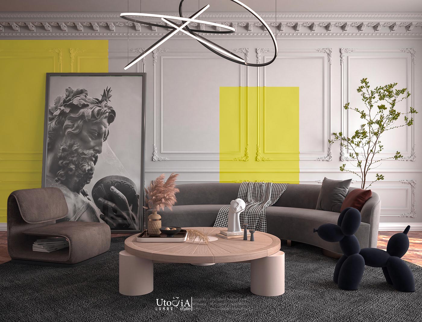 Salon design et contemporain avec des boiseries aux murs et des cadres de peinture jaune illuminating