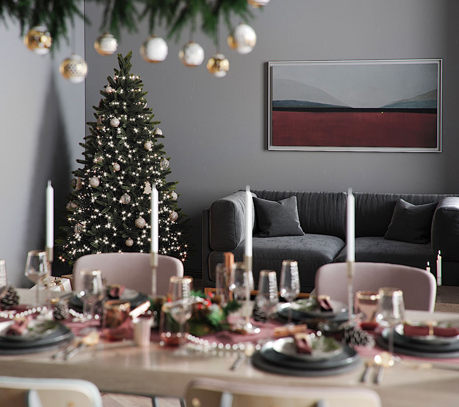 Sapin de Noel épuré à la décoration blanche et argenté dans un intérieur moderne, tendance 2020