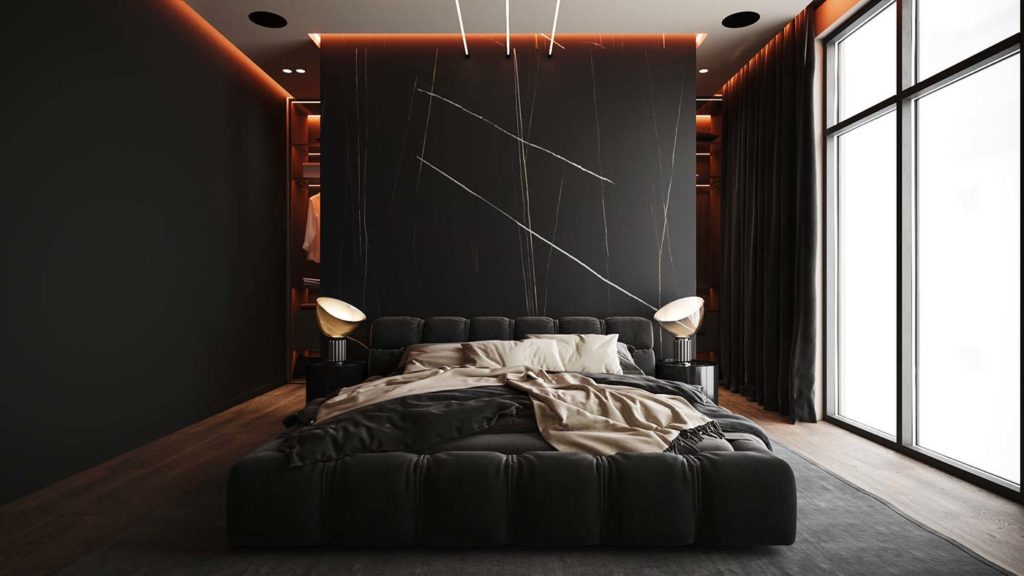 Une chambre total look noir avec une tête de lit effet marbre noir