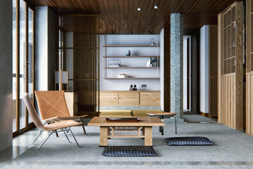 Un salon Japandi gris et bois très minimaliste