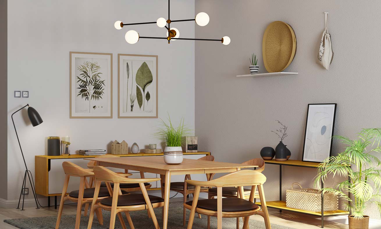 Salle à manger minimaliste Japandi. Mobilier bas et arrondit en bois blond chaleureux