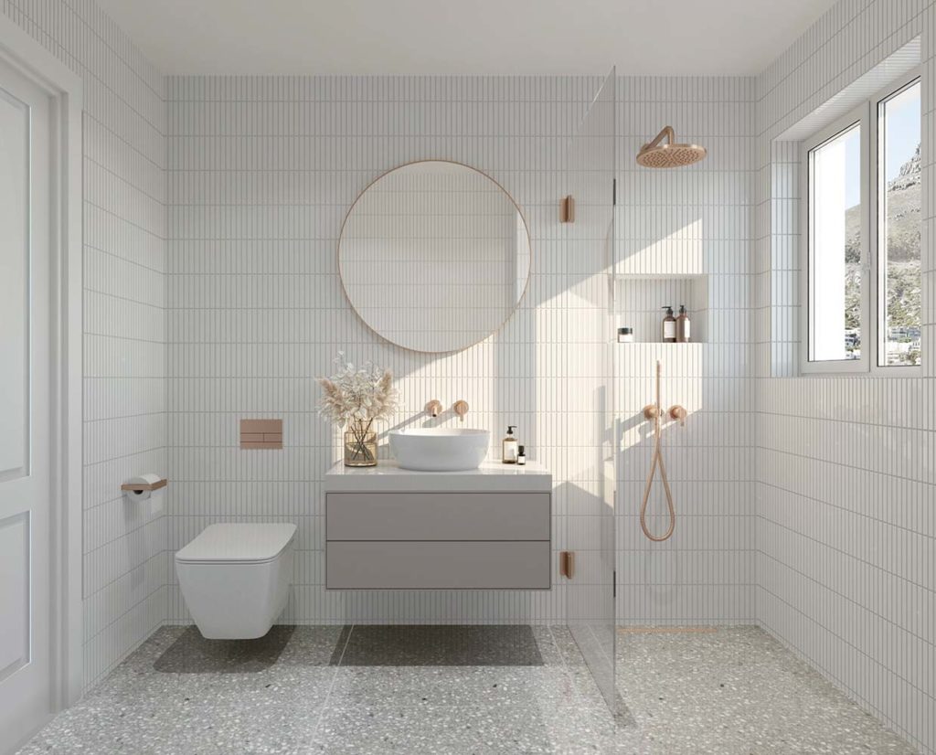 Une salle de bain ultra design blanche avec de la robinetterie en cuivre rose gold