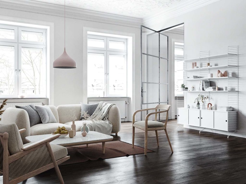 Salon ultra design scandinave épurée. décoration blanche avec sol en bois foncé