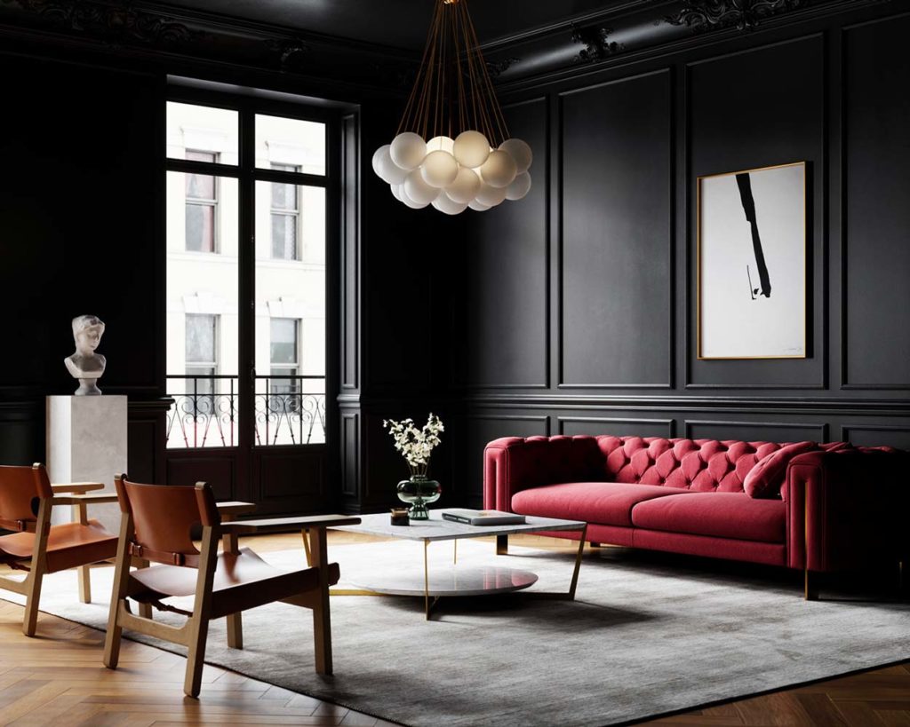 Salon classique avec mur et moulures noires, sol en bâton rompu et mobilier en cuir et velours