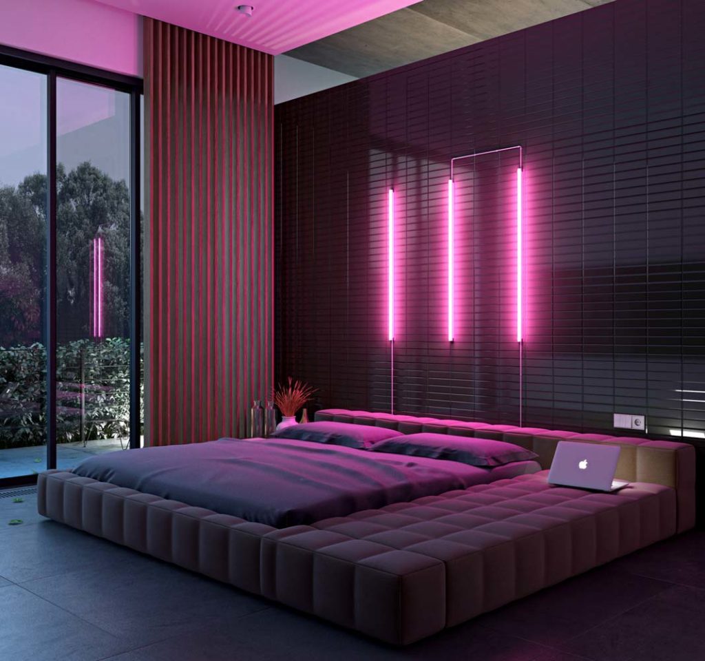 Une chambre ultra design avec des néons rose en tête de lit