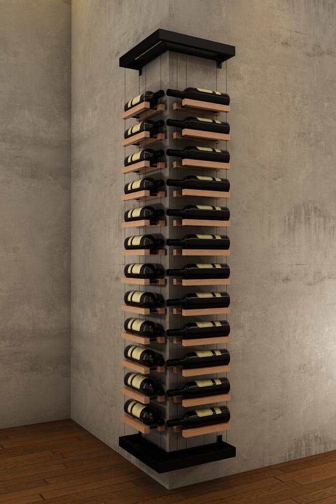 Rangement pour bouteilles de vin industriel suspendu dans un angle de mur