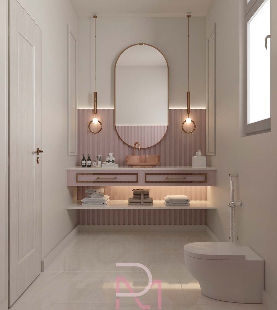 Une salle de bain tendance et féérique avec du vieux rose et des accessoires rose gold