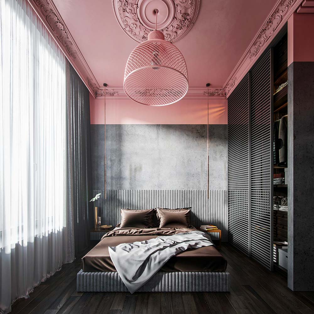 Une chambre classique rose et grise avec un plafond ornementé et un plancher sombre