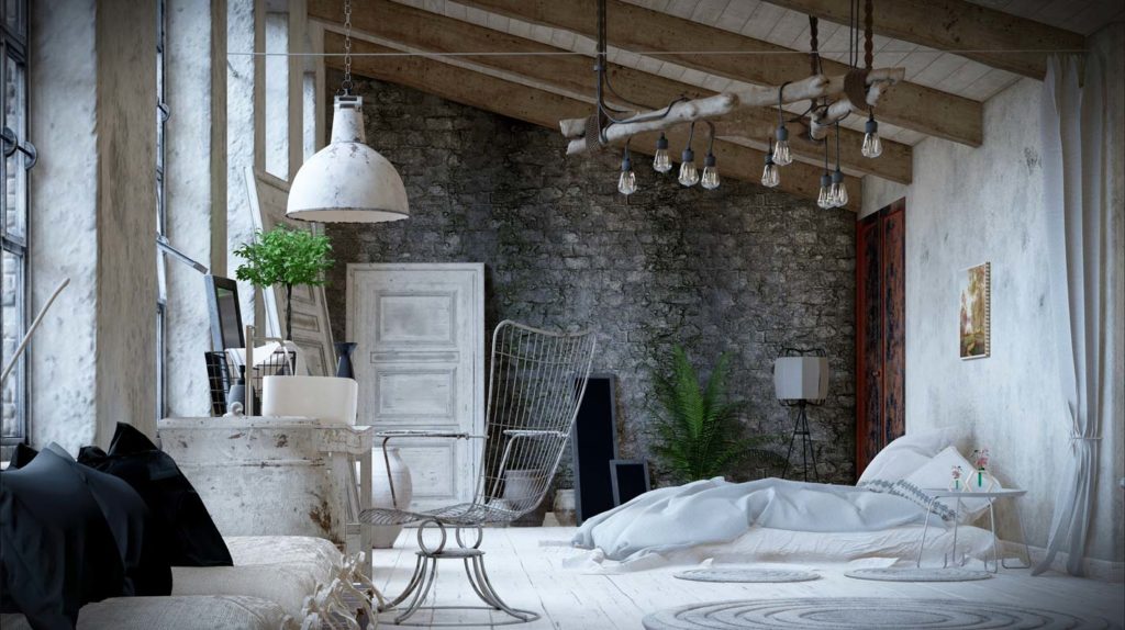 Une chambre parentale blanche et grise au style ancien avec mur de pierre grise, des meubles de bois vieilli et une chaise en fer blanc