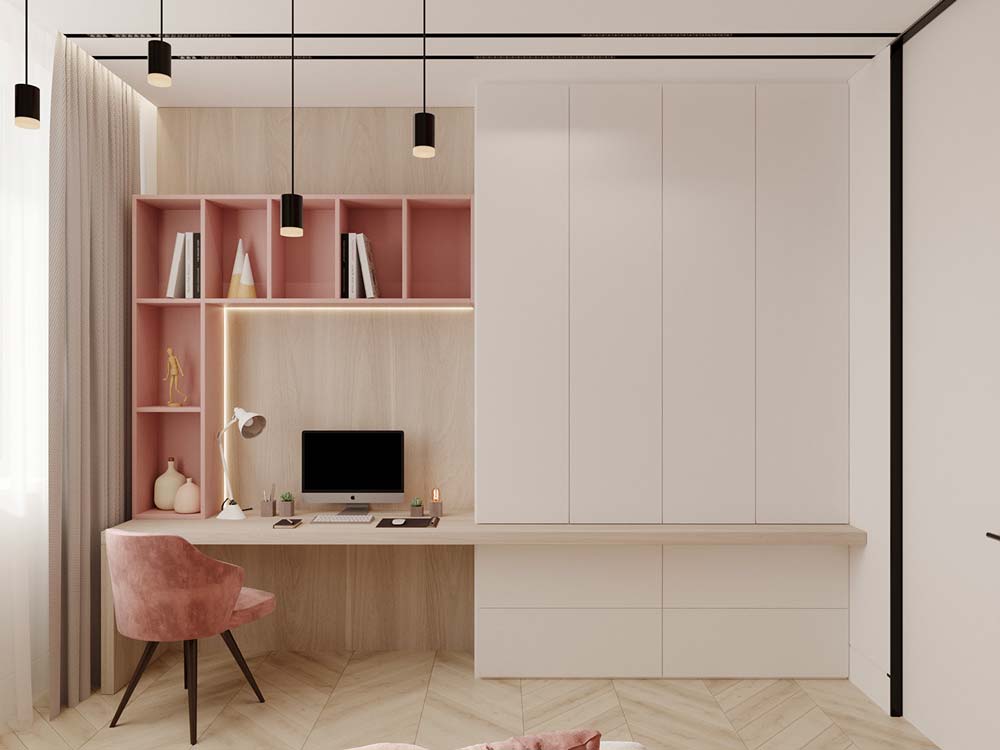 Un bureau girly blanc et rose avec des meubles en bois et un fauteuil en velours