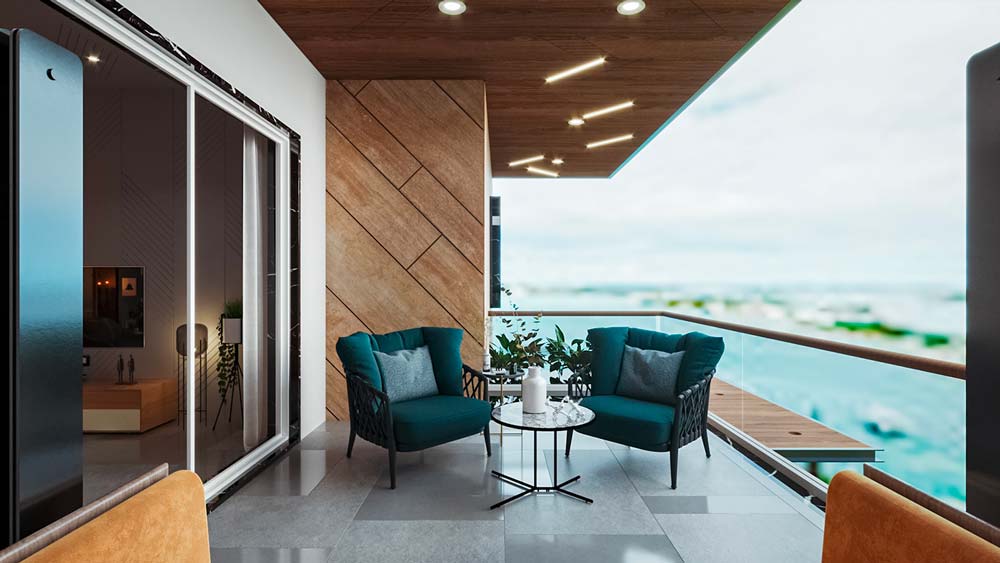 Un balcon avec du carrelage gris, un revêtement mural géométrique en bois et des fauteuils bleu canard