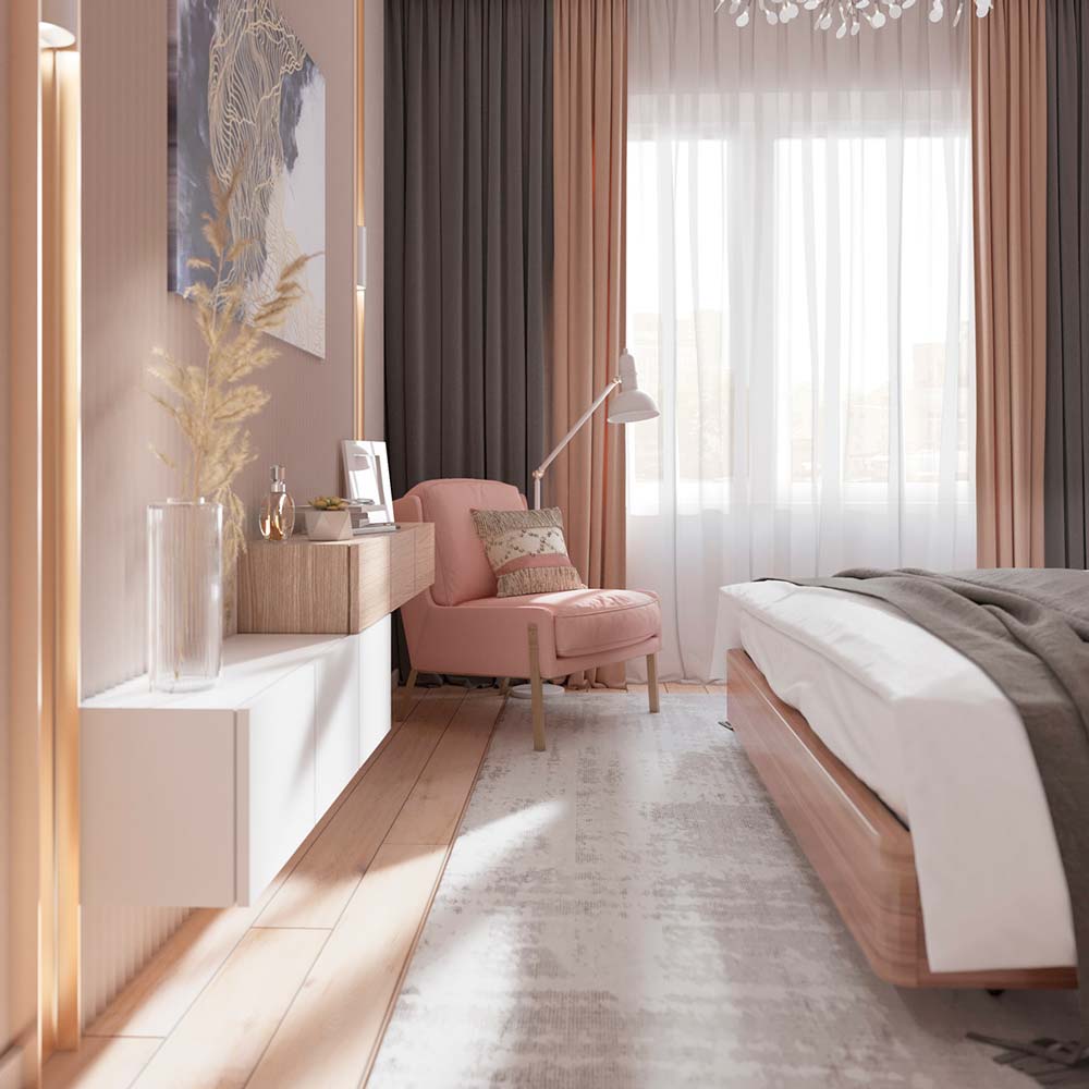 Chambre parentale avec fauteuil rose poudré et rideaux roses et gris