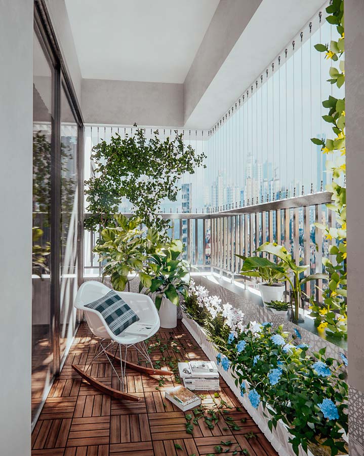 Un balcon étroit et accueillant avec de la verdure, un sol en tasseaux de bois et un fauteuil à bascule pour un coin lecture agréable