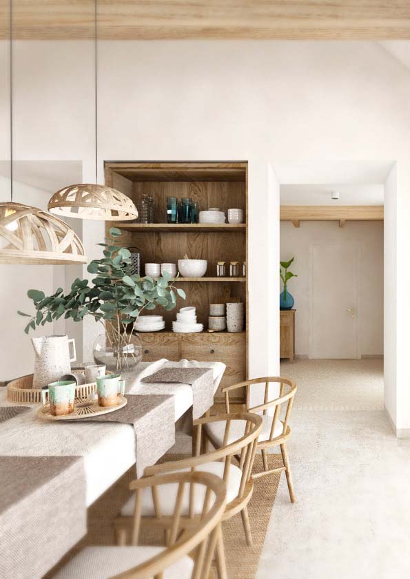 Une salle à manger rustique et chic avec une table, des chaises et une armoire en bois blond