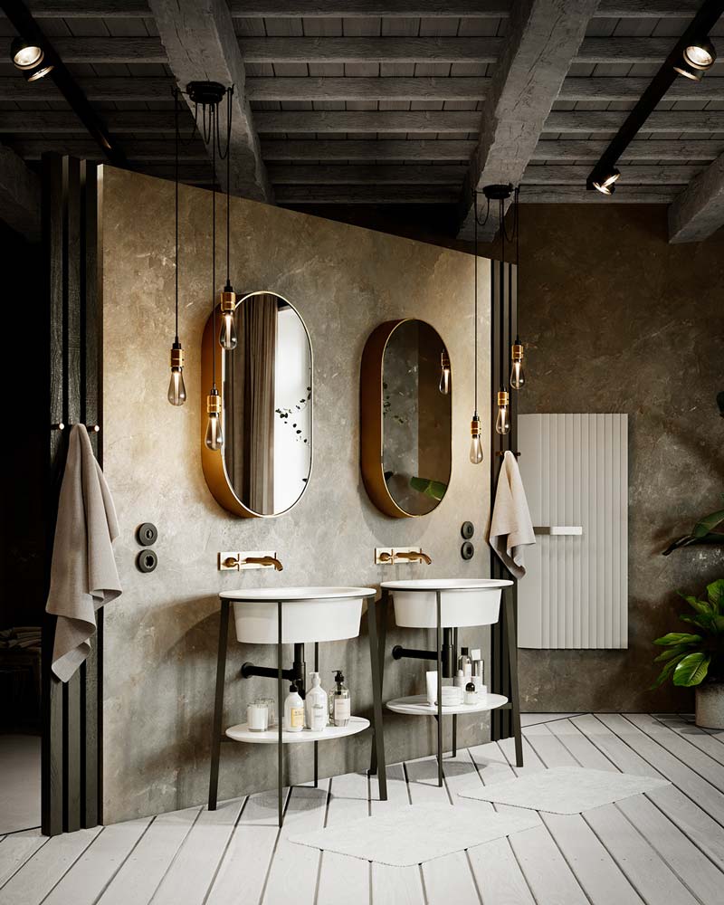 Une salle de bain campagne chic avec un mur en béton, un plancher clair et des accessoires dorés et noirs