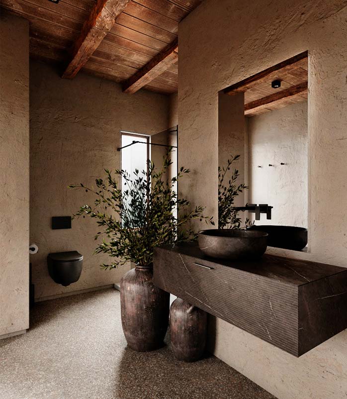 Une salle de bain slow design à l'aspect rustique avec des vases en bois