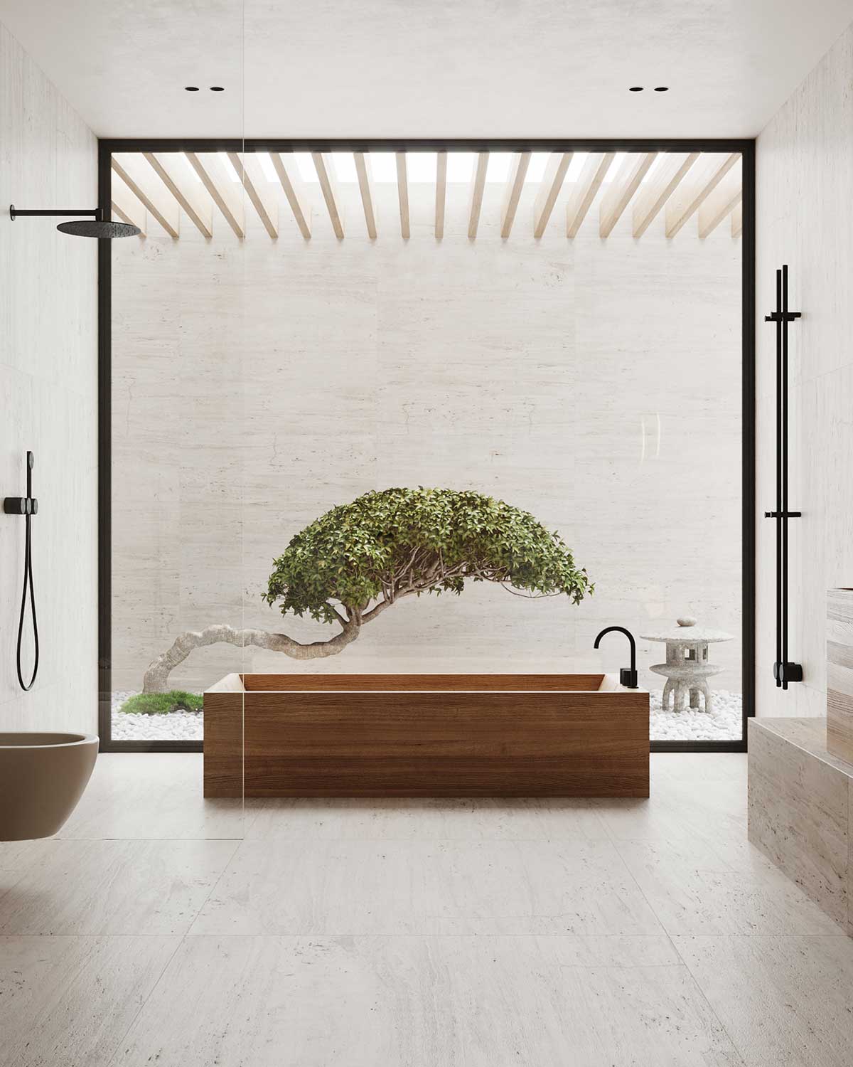 Une grande baignoire en bois dans une salle de bain blanche, devant une baie vitrée qui donne sur un jardin japonais intérieur