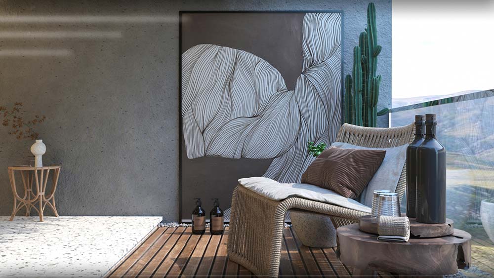 Un balcon aux sols en terrazzo et plancher en bois avec un fauteuil en corde