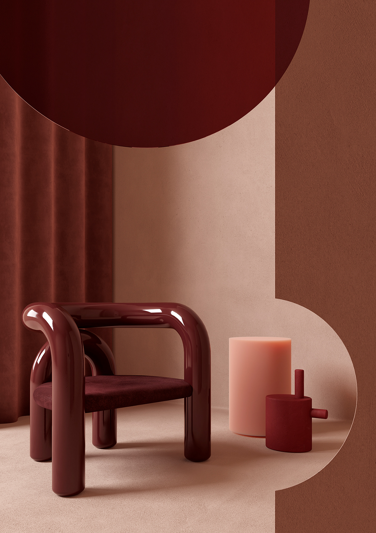 Une chaise en tube dans un intérieur aux tons rose et bordeaux
