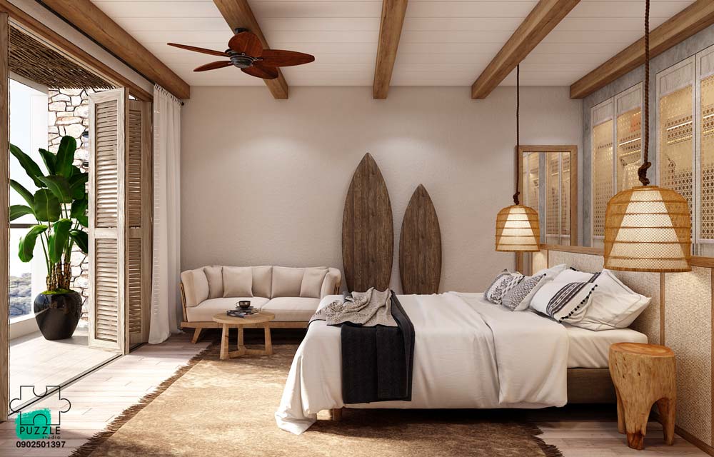 Un style bord de mer dans une chambre avec des planches de surf en bois et des couleurs chaudes