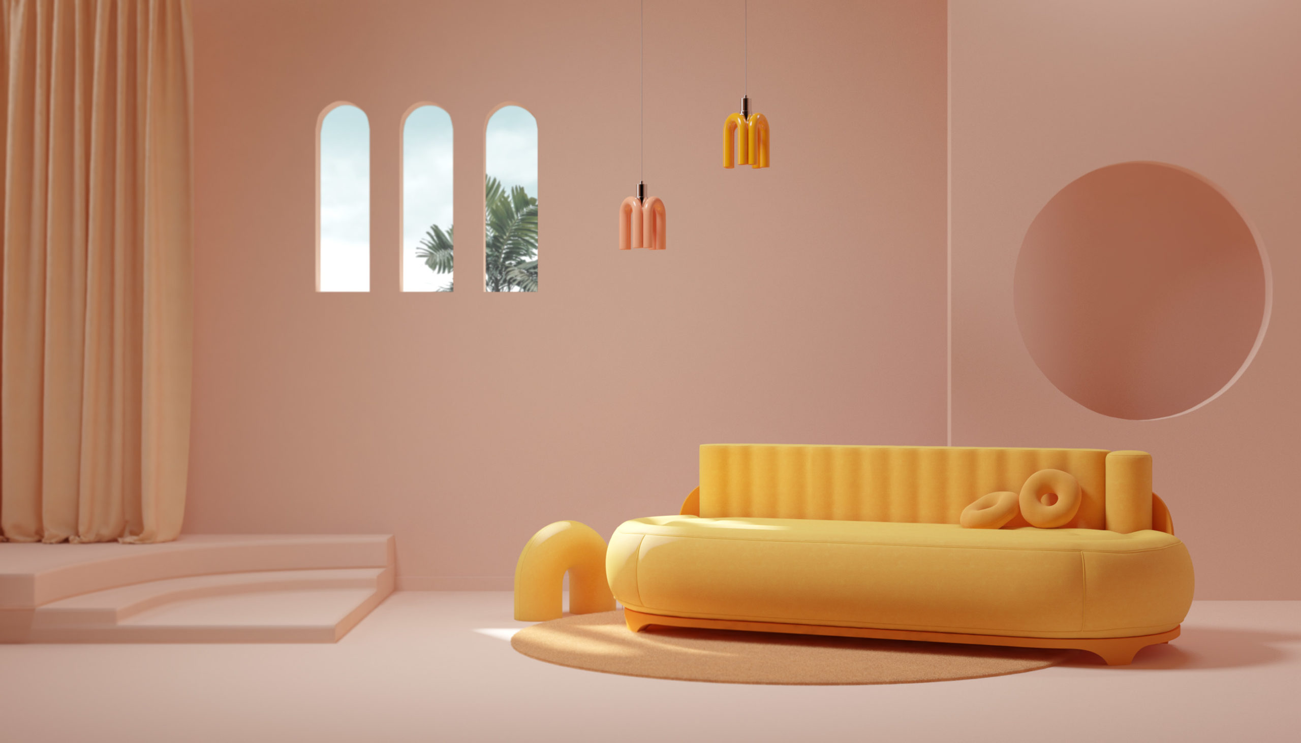 Le tube rose ou jaune se retrouve en luminaire, en coussin et en petite déco dans un salon pastel