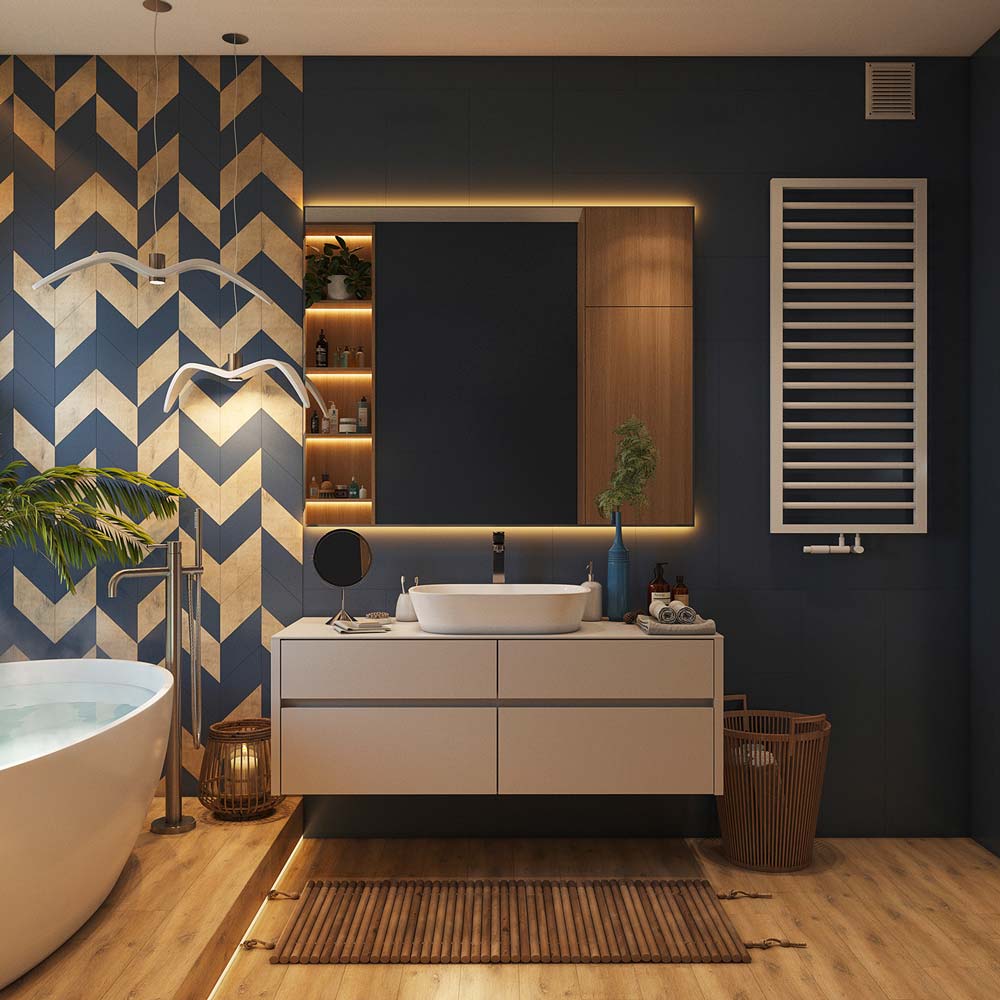 Une salle de bain aux murs bleu et blanc, avec un plancher en bois, une baignoire et des luminaires en forme de mouettes