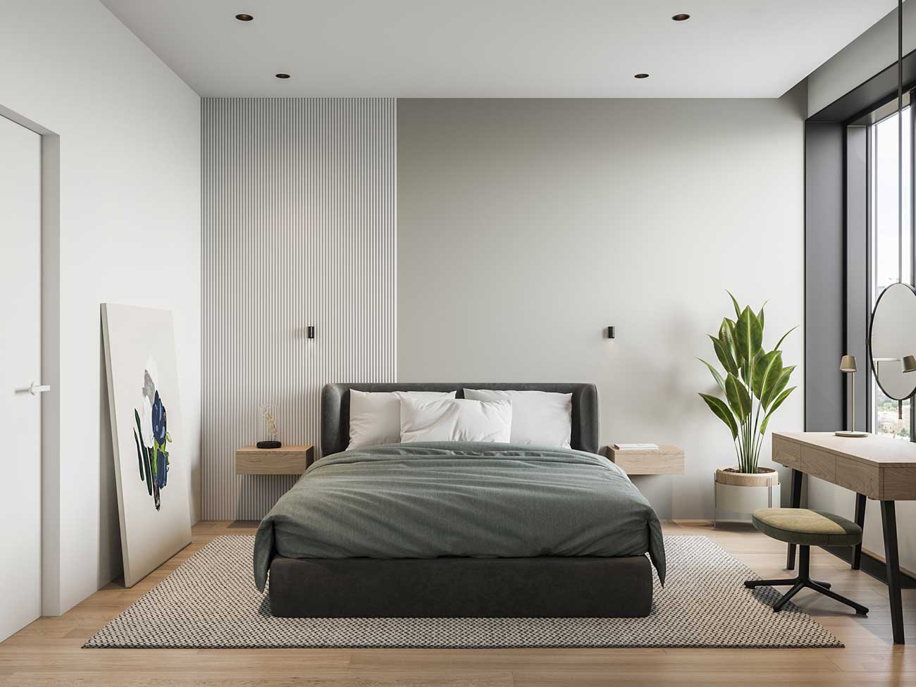 Une chambre minimaliste blanche et lumineuse avec une touche de verdure