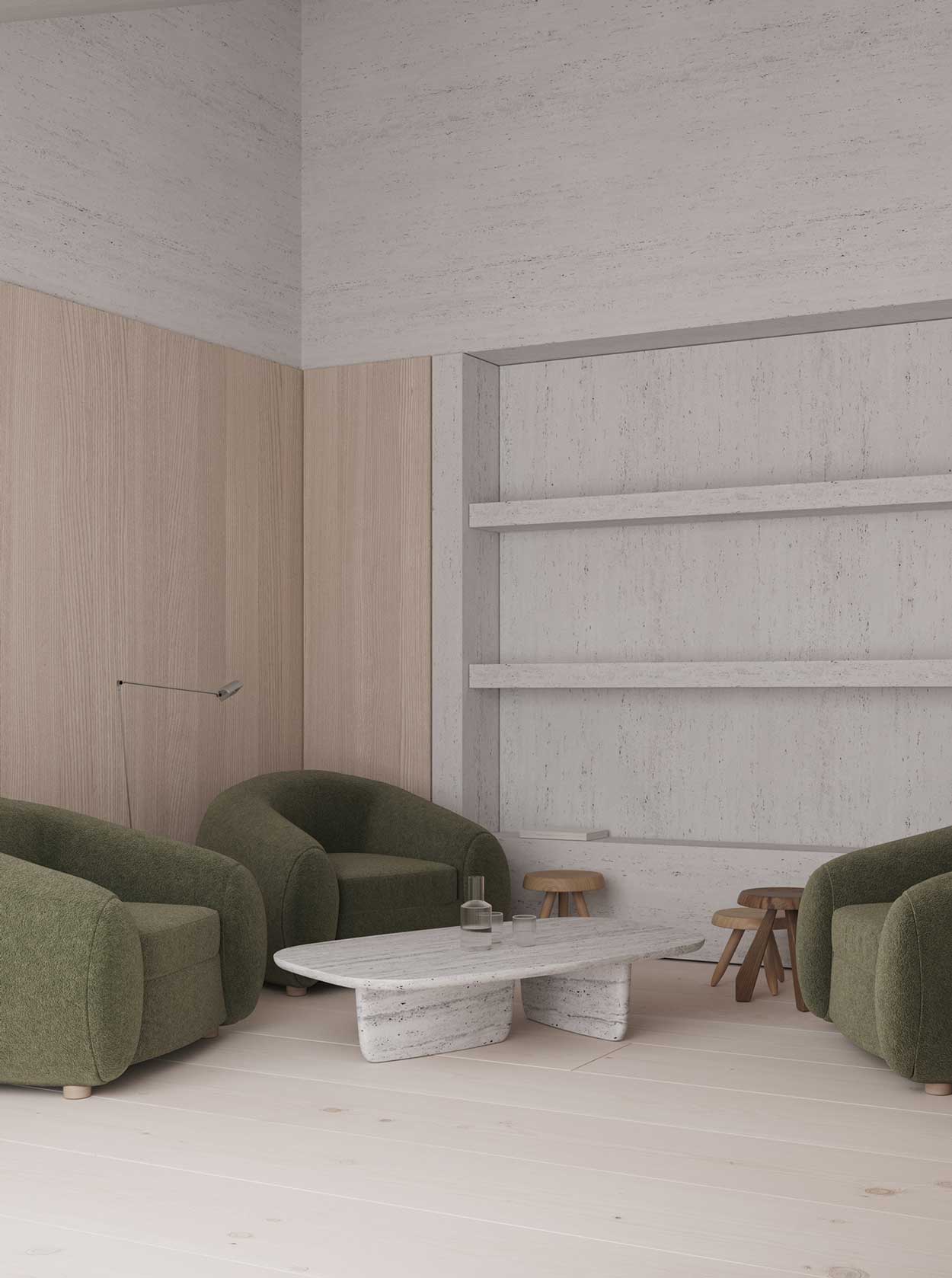 Un coin salon en bois blond et béton blanc avec des fauteuils en velours