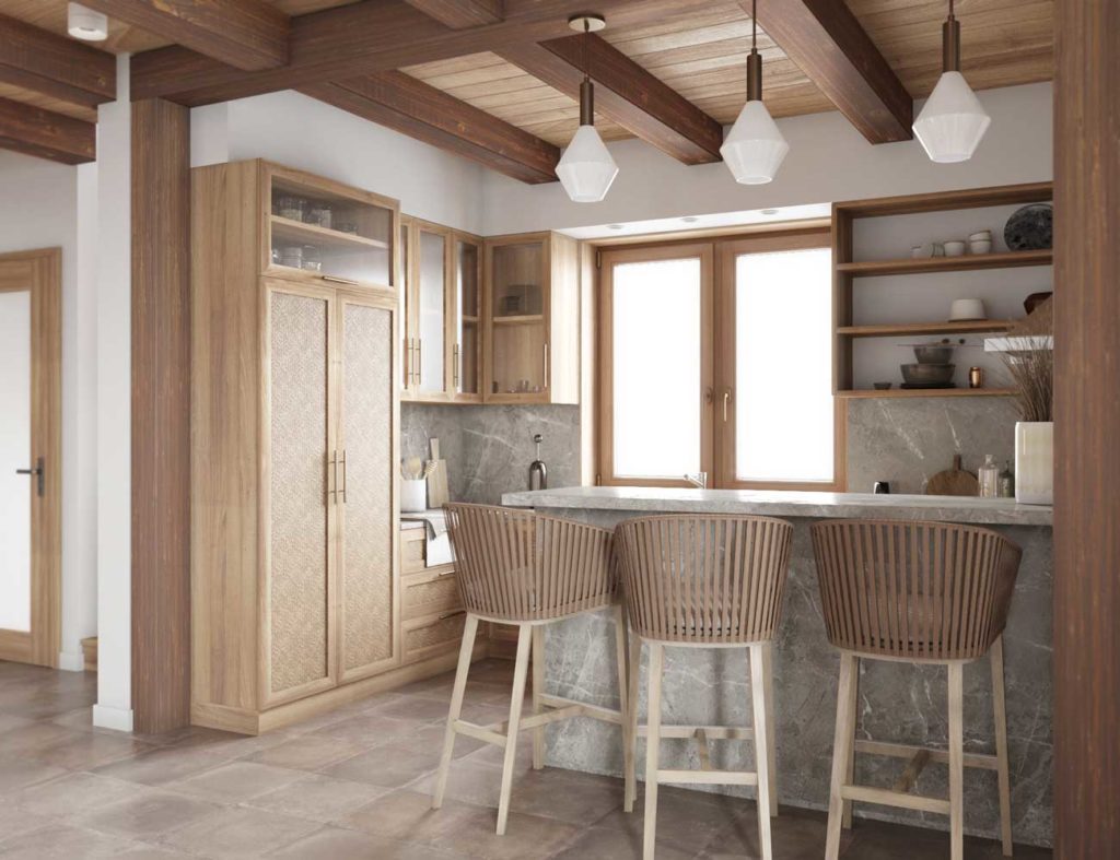 Une cuisine chaleureuse avec du mobilier en bois, du revêtement en pierre et un sol en travertin