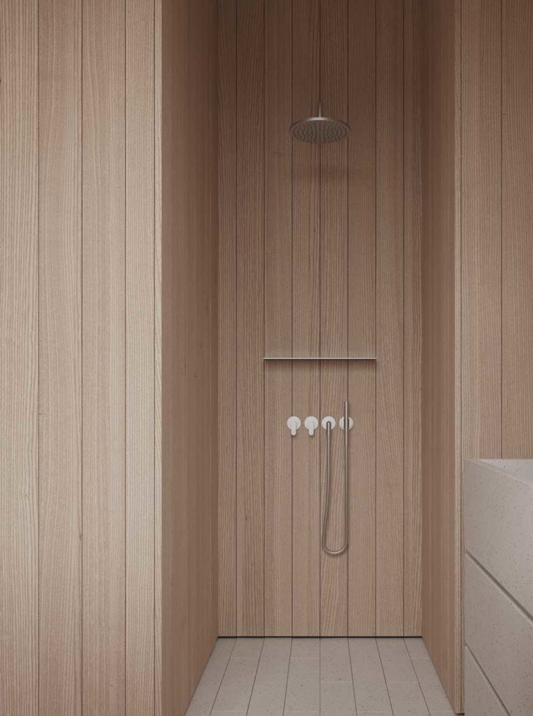 Une douche tendance avec des parois en bois blond pour un effet spa intérieur