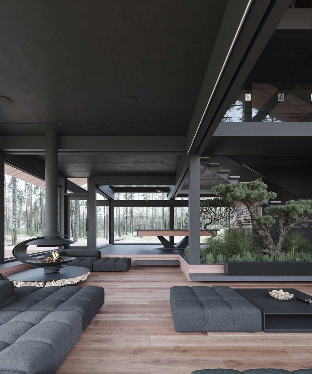 Un jardin zen d'intérieur dans un grand intérieur moderne en noir et en bois