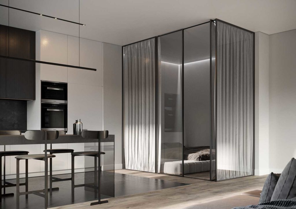 Un intérieur minimaliste avec une grande verrière pour séparer l'espace nuit de la salle de séjour