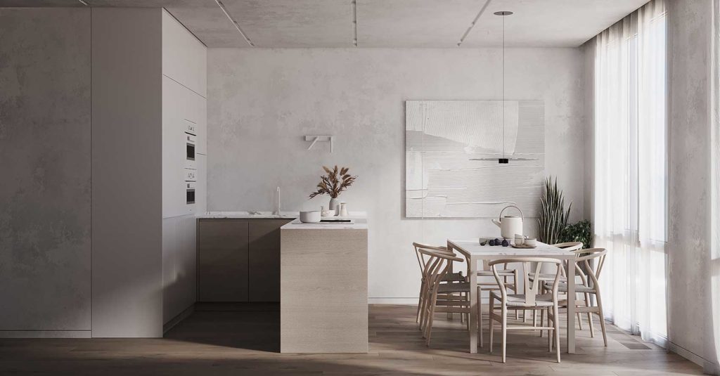 Un intérieur minimaliste aux couleurs blanches et bois clair pour un intérieur sobre et épuré