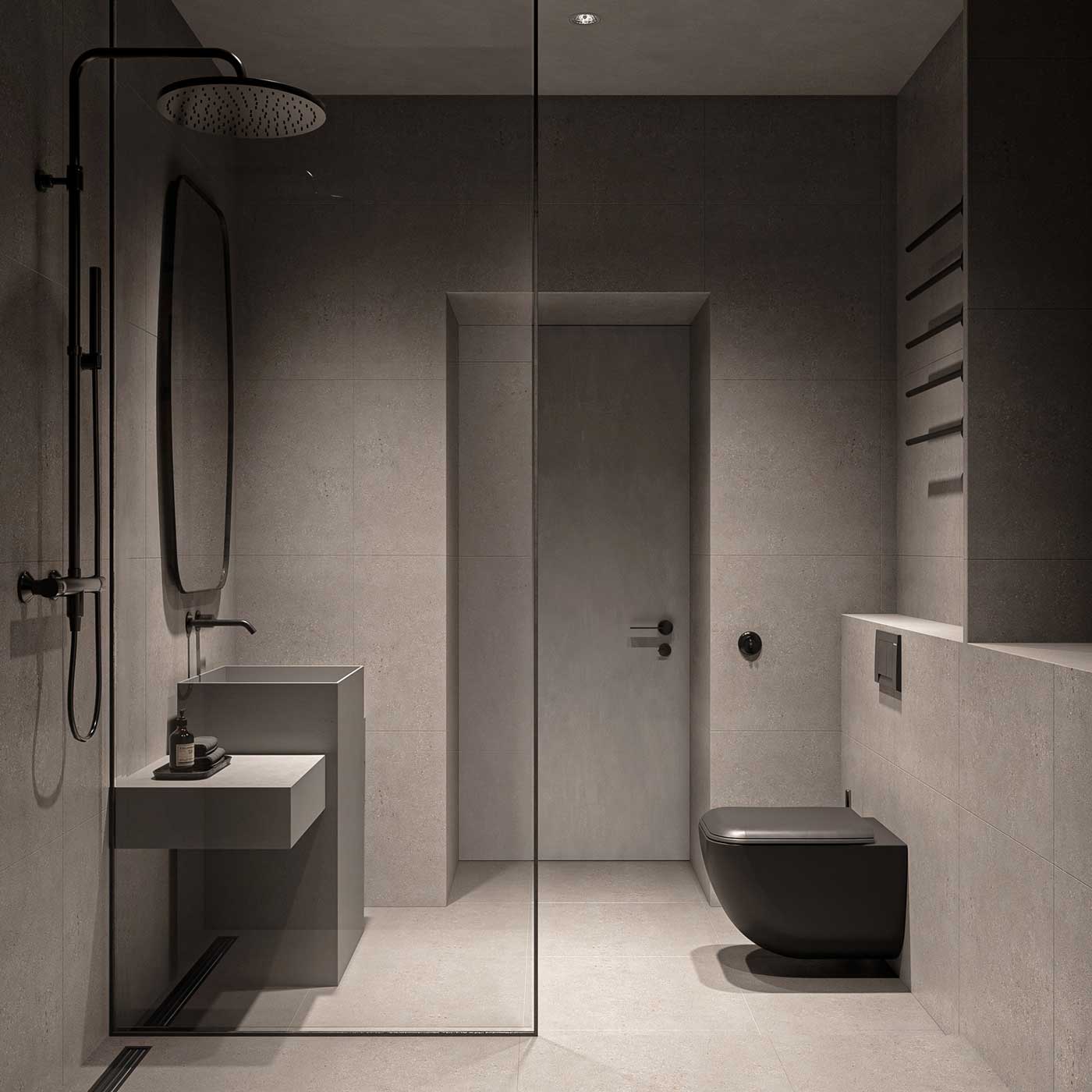 Une salle de bain minimaliste et fonctionnelle qui contient tout le nécessaire avec une douche, un lavabo et des WC