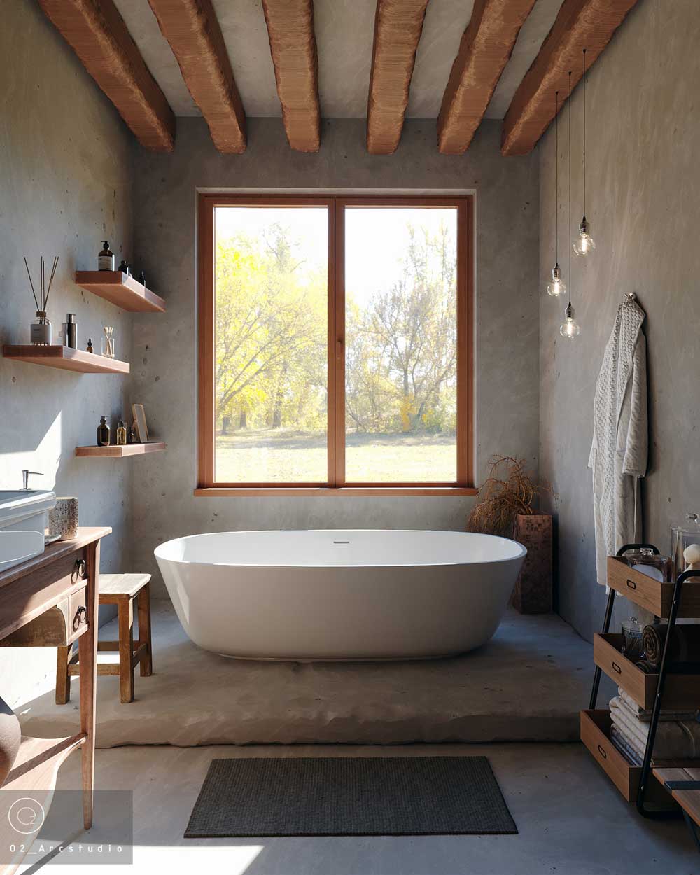 Une salle de bain à l'ambiance douce et apaisante avec des murs en tadelakt, des poutres en bois et une grande fenêtre