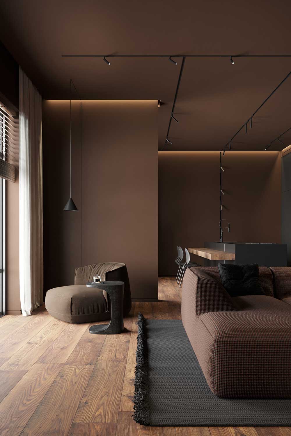 Un salon minimaliste marron où les assises sont de la même couleur que les murs et se fondent dans le décor