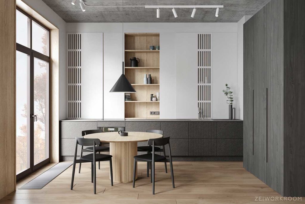 Deux couleurs de bois pour un espace salle à manger tendance et design